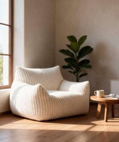 expo details Pouf grande taille en velours – fauteuil cocooning - couleur blanc